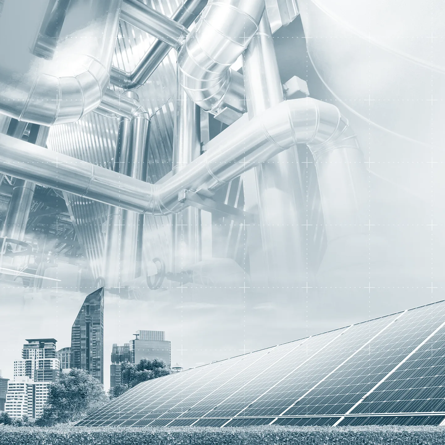 Panneaux solaires et énergies calorifaire devant une ville