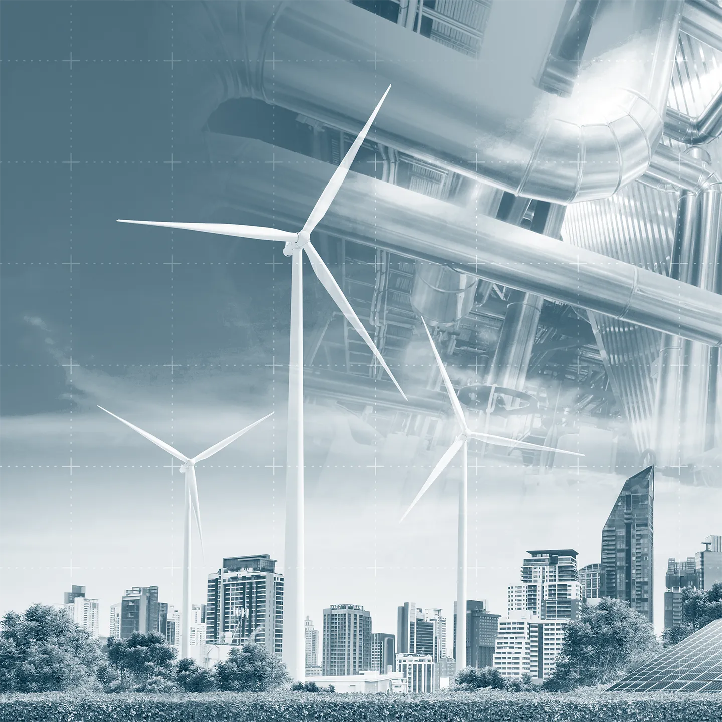 éoliennes et énergies vertes devant une ville